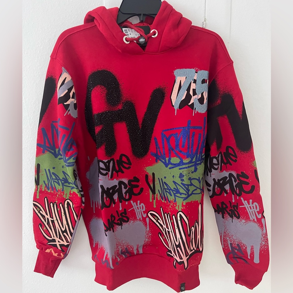 Avenue George V Paris Hoodie Men’s Red Long Sleeve Sweatshirt NWT M